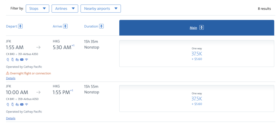 CX Y award via AAdvantage, JFK-HKG