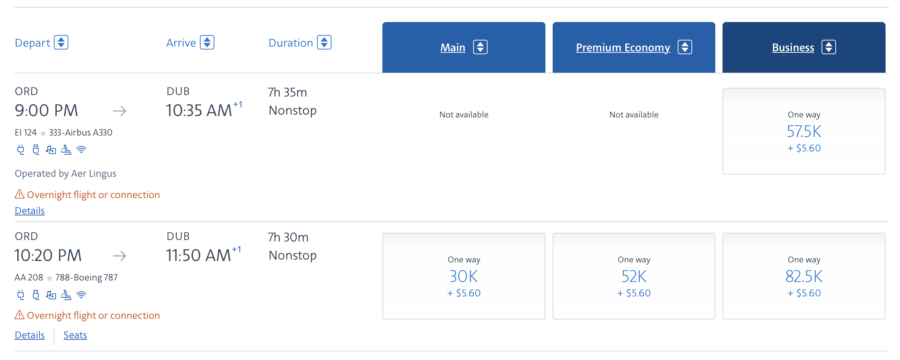 Aer Lingus J award ORD-DUB via AAdvantage