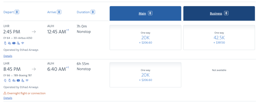 EY award via AAdvantage, LHR-AUH