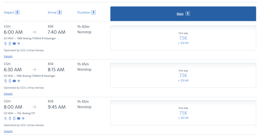GOL Airlines award via AAdvantage CGH-BSB
