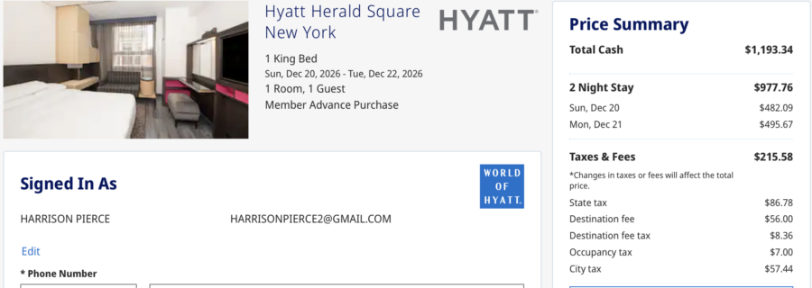 Hyatt price summary page for Hyatt Herald Square New York