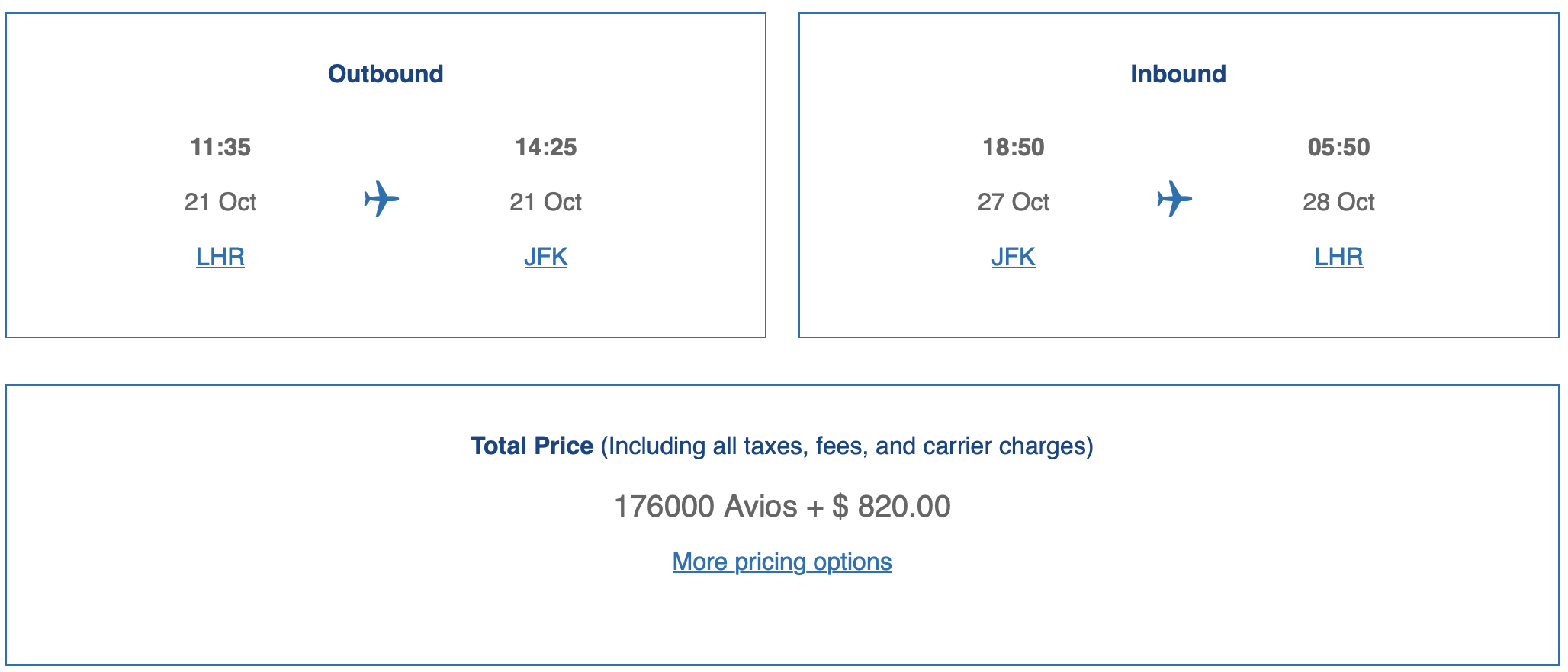 British Airways award search results LHR to JFK