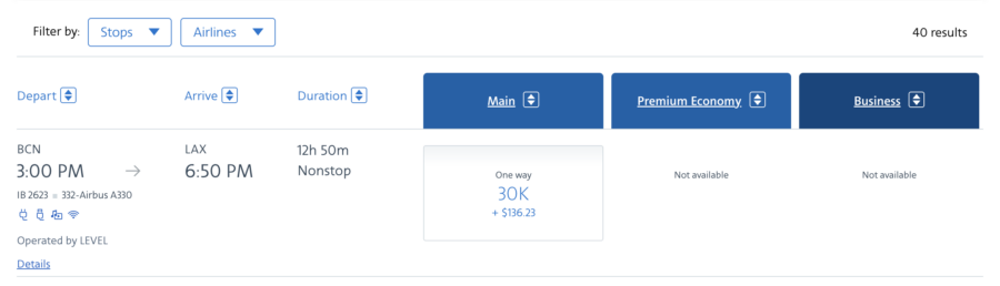 LEVEL award via AAdvantage, BCN-LAX