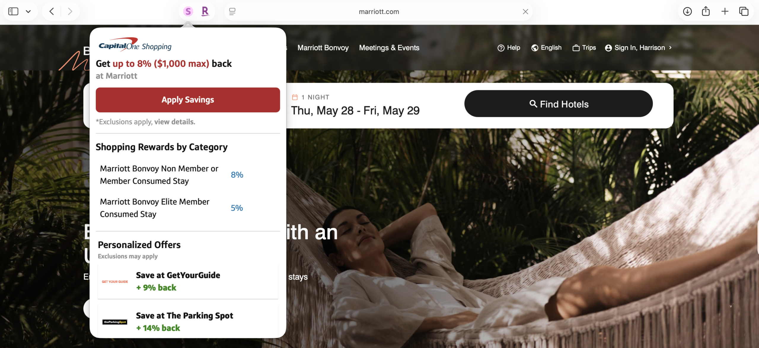 Marriott homepage with Capital One Shopping extension open