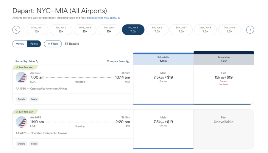 AA award booking through Alaska Atmos, search results NYC-MIA