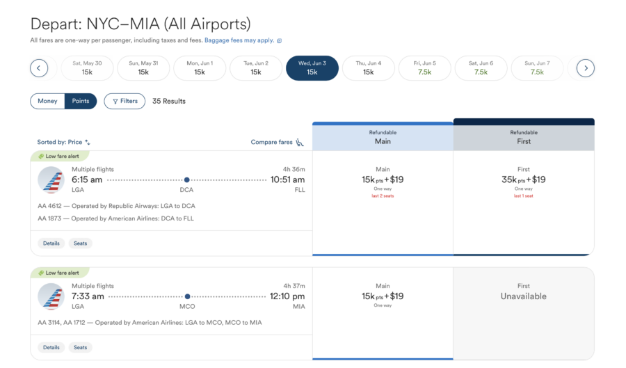 AA award search via Alaska Atmos, NYC-MIA