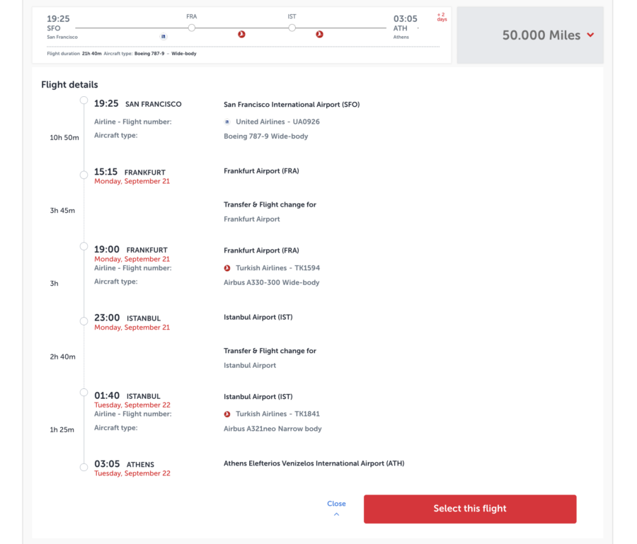 Turkish award search SFO-ATH flight details