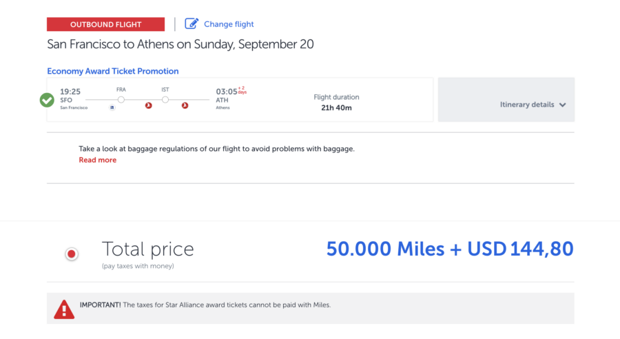Price for Turkish award SFO-ATH