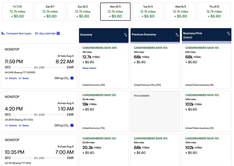 Search results for a points flight from SFO to EWR with United miles.