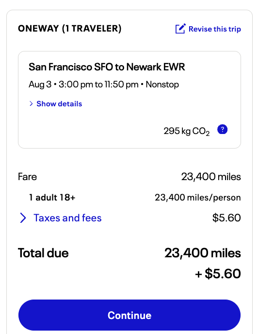 A flight from SFO to EWR for 23,000 United MileagePlus miles + $5.60
