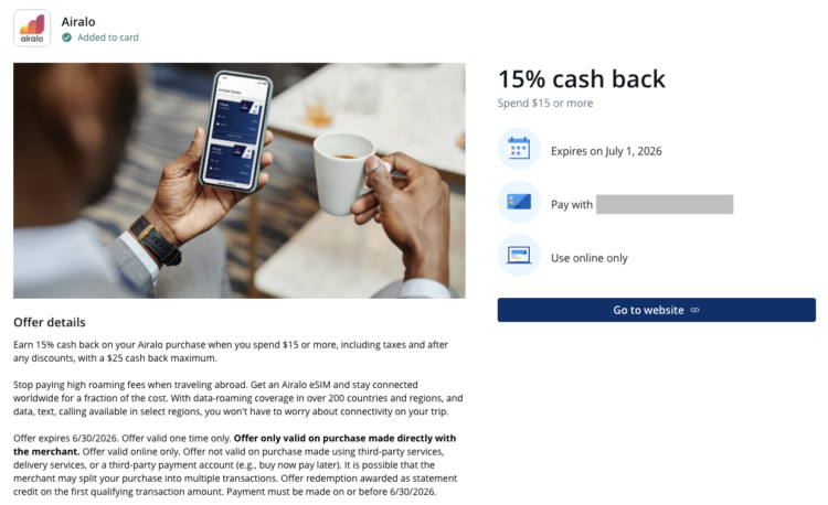 15% at Airalo (current Chase offers)