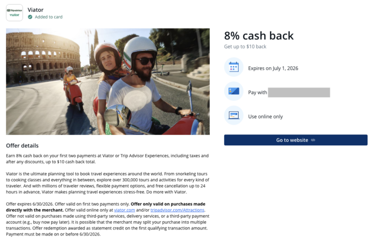 8% at Viator (current Chase offers)