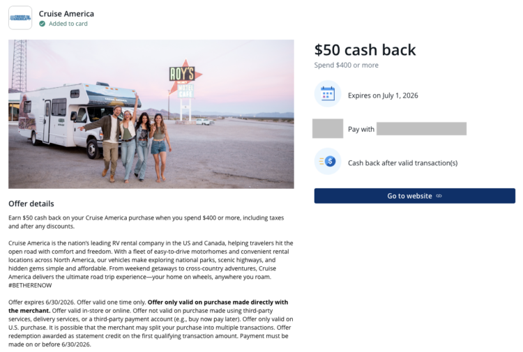 $50 cash back at Cruise America (current Chase offers)