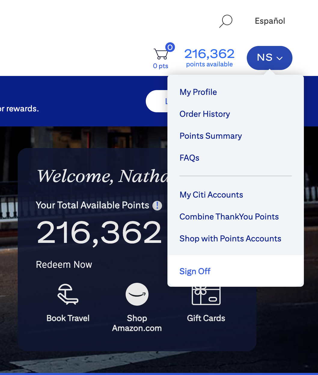 Thankyou.com dashboard with options from the dropdown menu