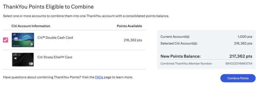 Citi Combine ThankYou Points landing page