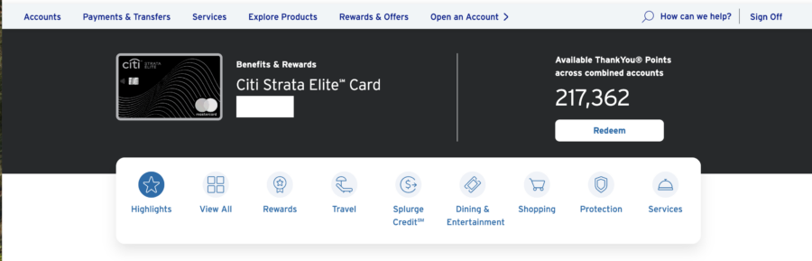 Citi Strata Elite points redemption dashboard
