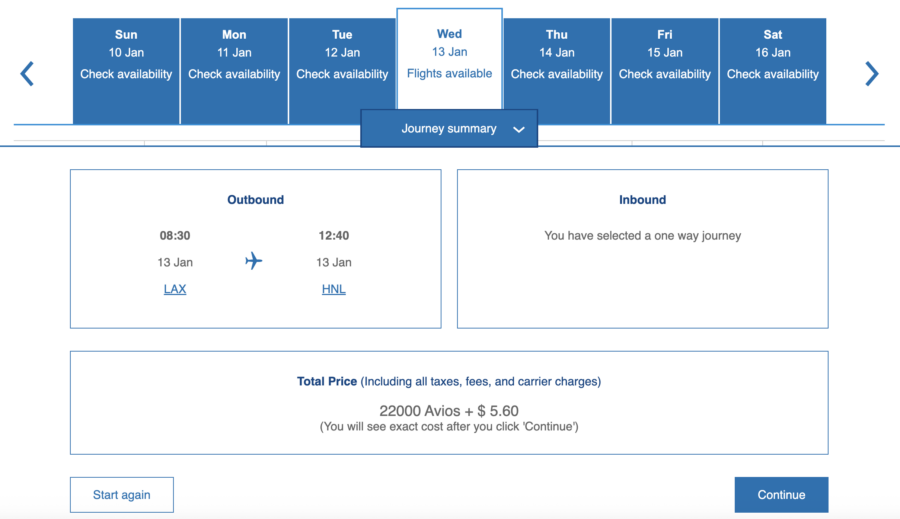 Award flight search results for flights from LAX to HNL with British Airways Avios