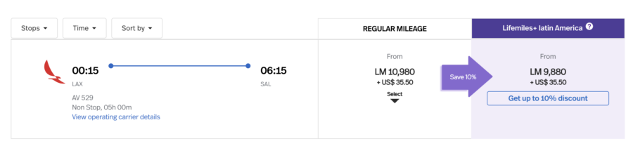 Award flight search results with Avianca LifeMiles