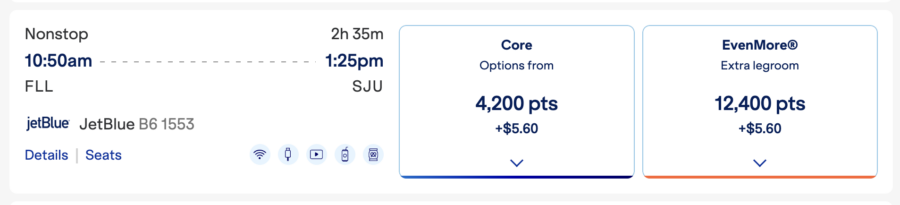Award search results for flight from FLL to SJU with TrueBlue miles.