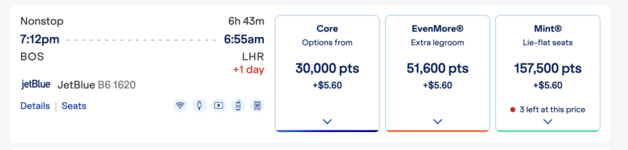 Award search results for flight from BOS to LHR with JetBlue TrueBlue points.