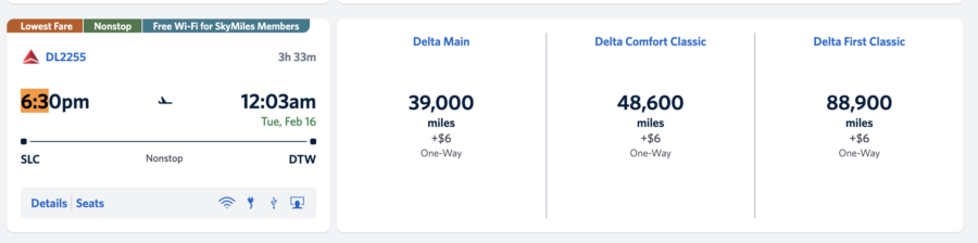 Award flight results with Delta SkyMiles