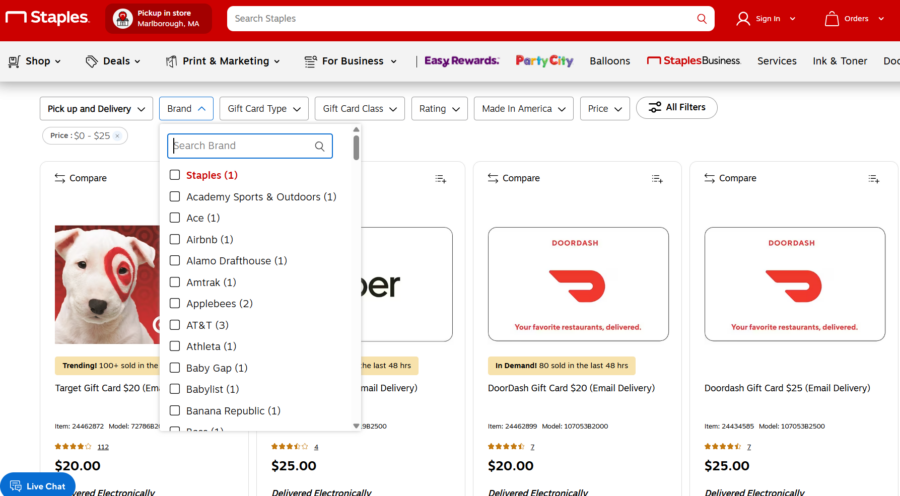 Screenshot of Staples gift card options under $25