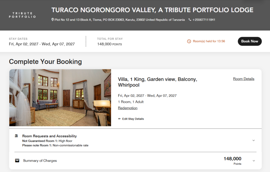 Marriott fifth night free award pricing at the Turaco Ngorongoro Valley, a Tribute Portfolio Lodge