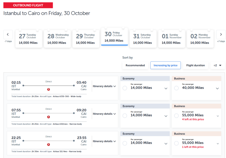 Turkish Airlines award sale from Istanbul to Cairo for 14,000 miles