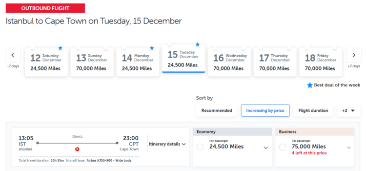 Turkish Airlines award sale from Istanbul to Cape Town for 24,500 miles