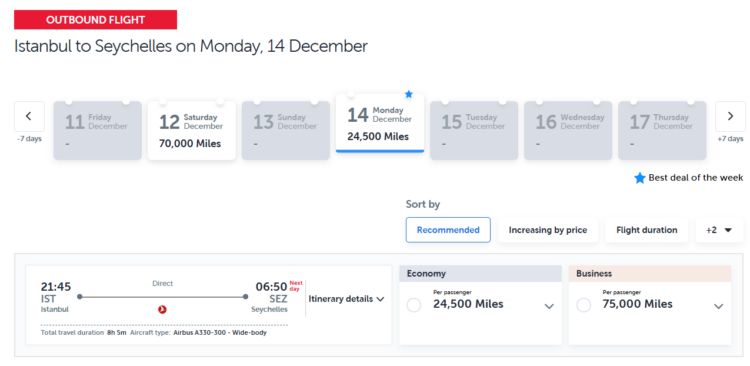 Turkish Airlines award sale from Istanbul to Seychelles for 24,500 miles