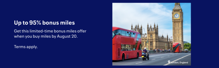 Screenshot of United Airlines buy miles promo banner with 95% bonus