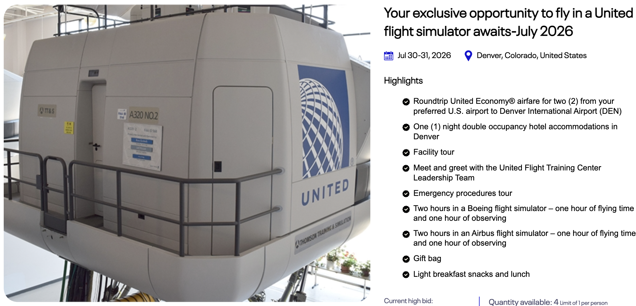 Screenshot of United Airlines simulator experience offer.