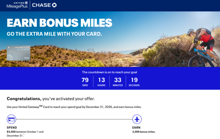United card spending offer for 3,000 bonus miles after spending $3,000