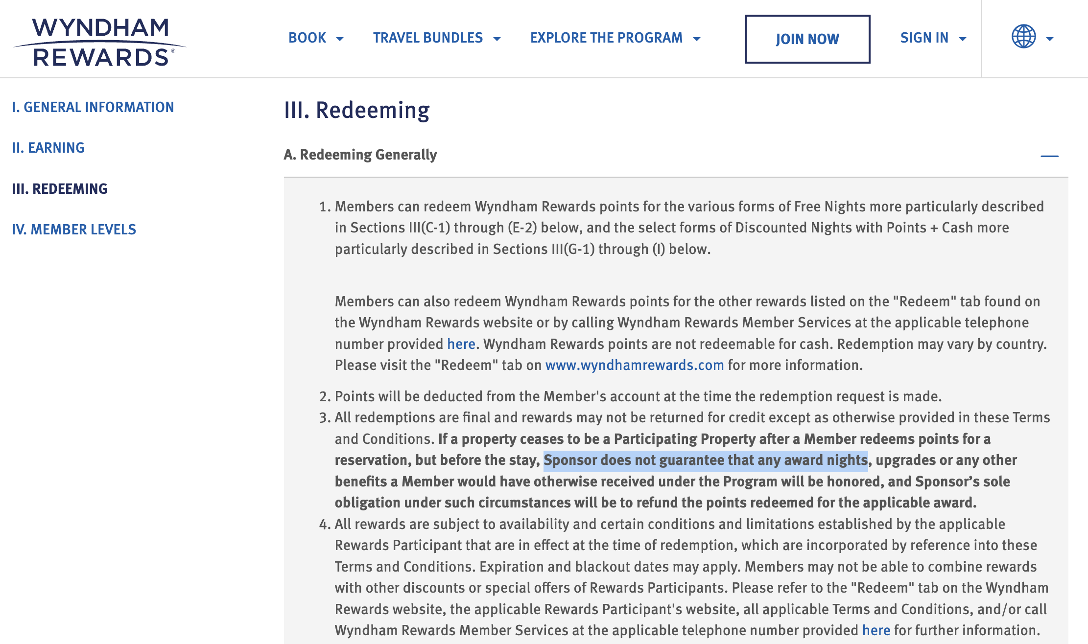 Screenshot of Wyndham Rewards terms and conditions