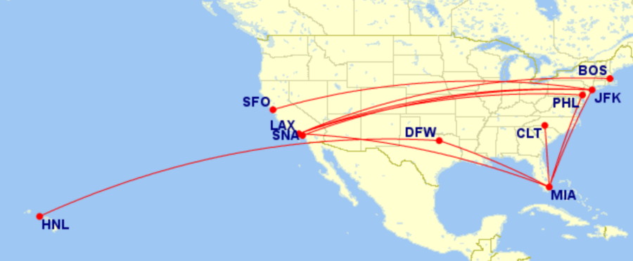 Map of domestic routes where American Airlines is flying lie-flat seats in July 2026