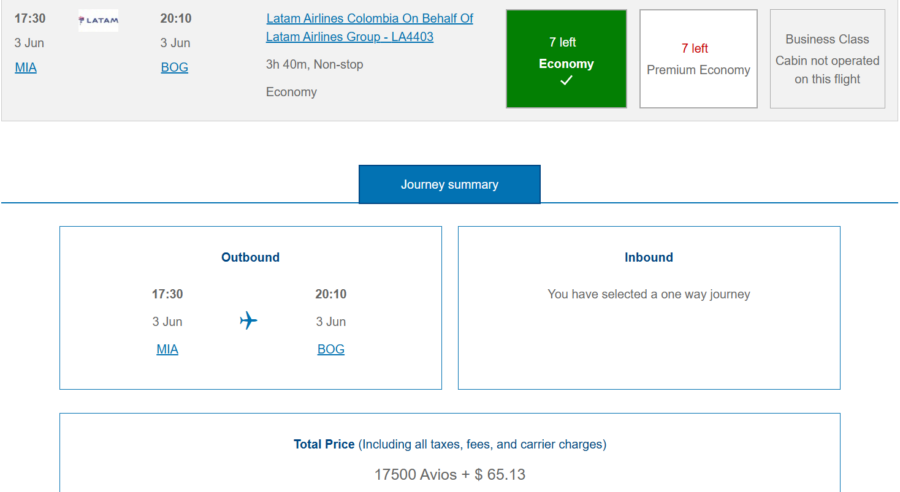 MIA to BOG using British Airways Avios