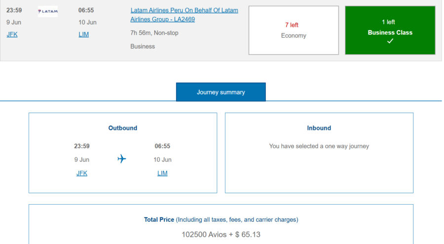 LATAM award from JFK to LIM bookable through British Airways Executive Club.
