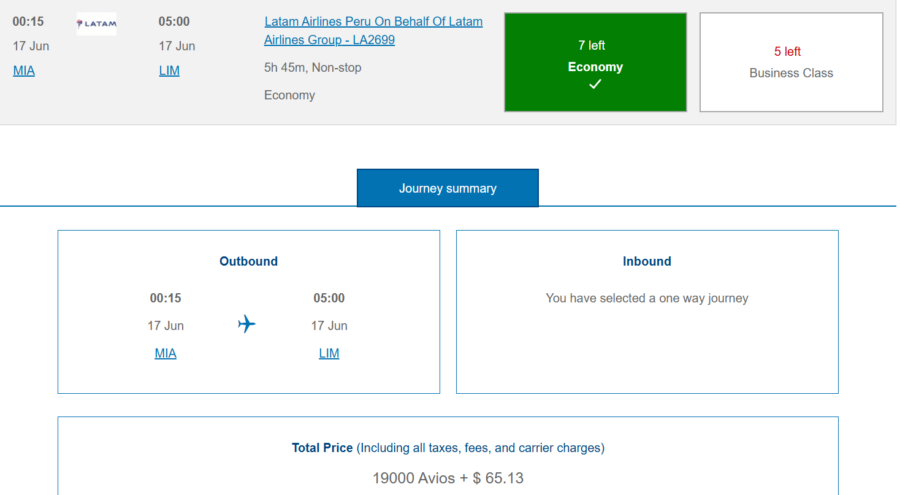 LATAM award from MIA to LIM bookable through British Airways Executive Club.