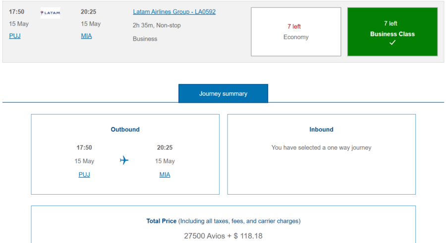 LATAM award from MIA to PUJ bookable through the British Airways Club.