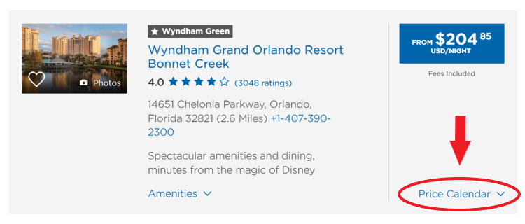 Where to find the price calendar on the Wyndham website