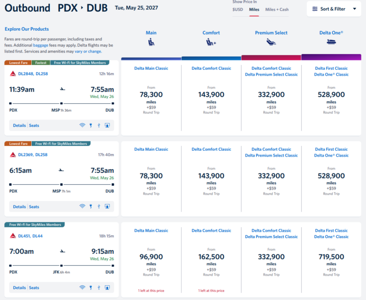 Delta award search results for Portland to Dublin