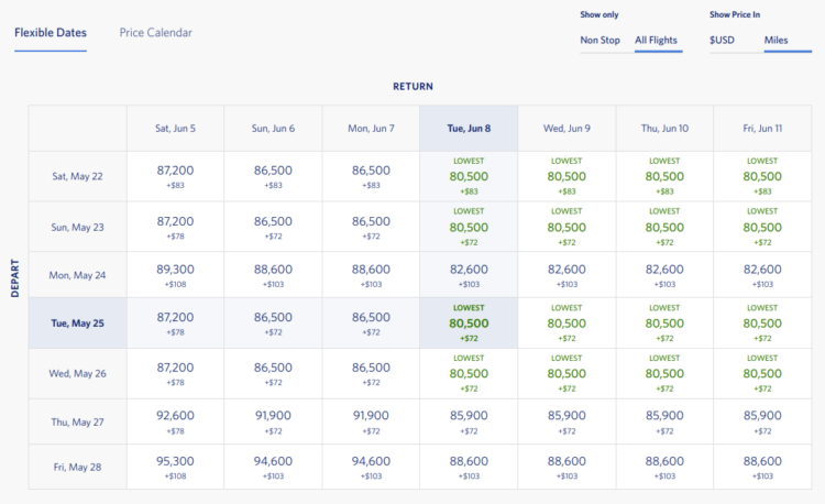 Flexible date search view for Delta SkyMiles award from PDX to DUB