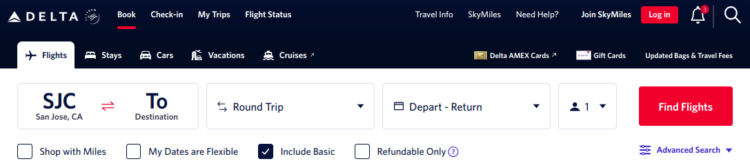 Delta Air Lines flight search bar
