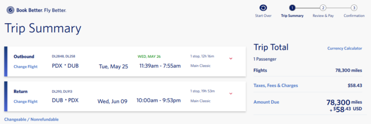 Delta Air Lines award booking summary page before purchase.