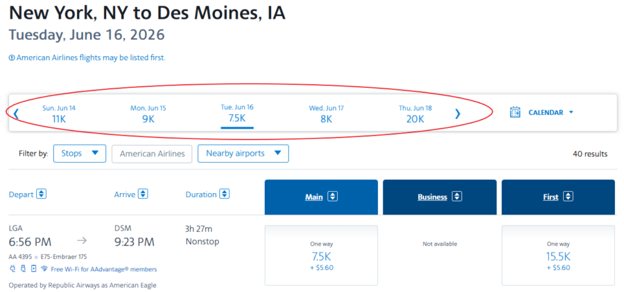 America Airlines shows award flights from NYC to Des Moines based on pricing from the American Airlines Award Chart.