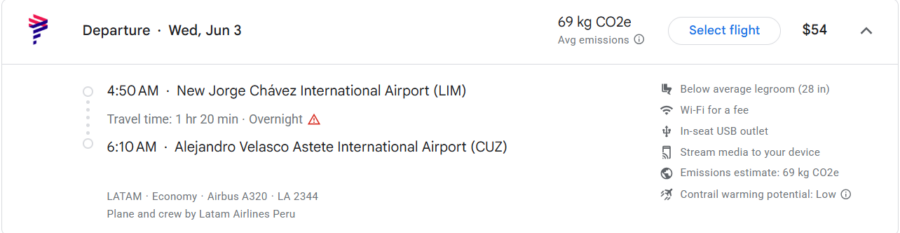 Google flights results for LIM to CUZ.