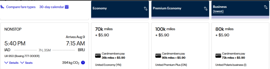 Washington to Brussels for 80k United miles.