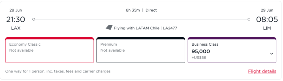 LATAM award from LAX to LIM bookable through Virgin Atlantic