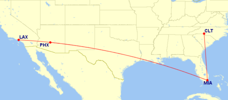 Map of domestic routes where American Airlines is flying lie-flat seats on 777-200 in August 2026