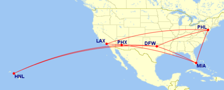 Map of domestic routes where American Airlines is flying lie-flat seats on its Boeing 787-8 aircraft in August 2026